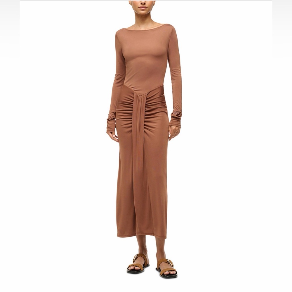 NEW STAUD Gres Dress, midi waterfall ruffle ruched brown tiramisu 4/ Small